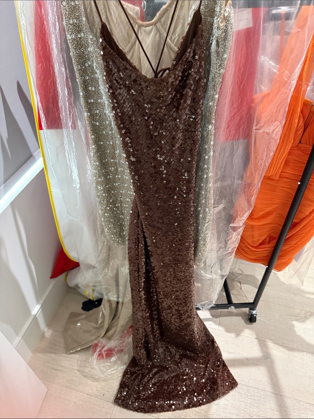 Sequin Slip Evening Dress in Deep Brown